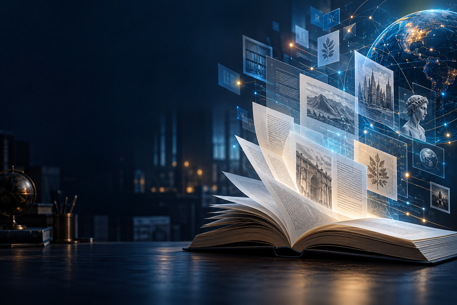 An open book transforming into connected digital content and knowledge